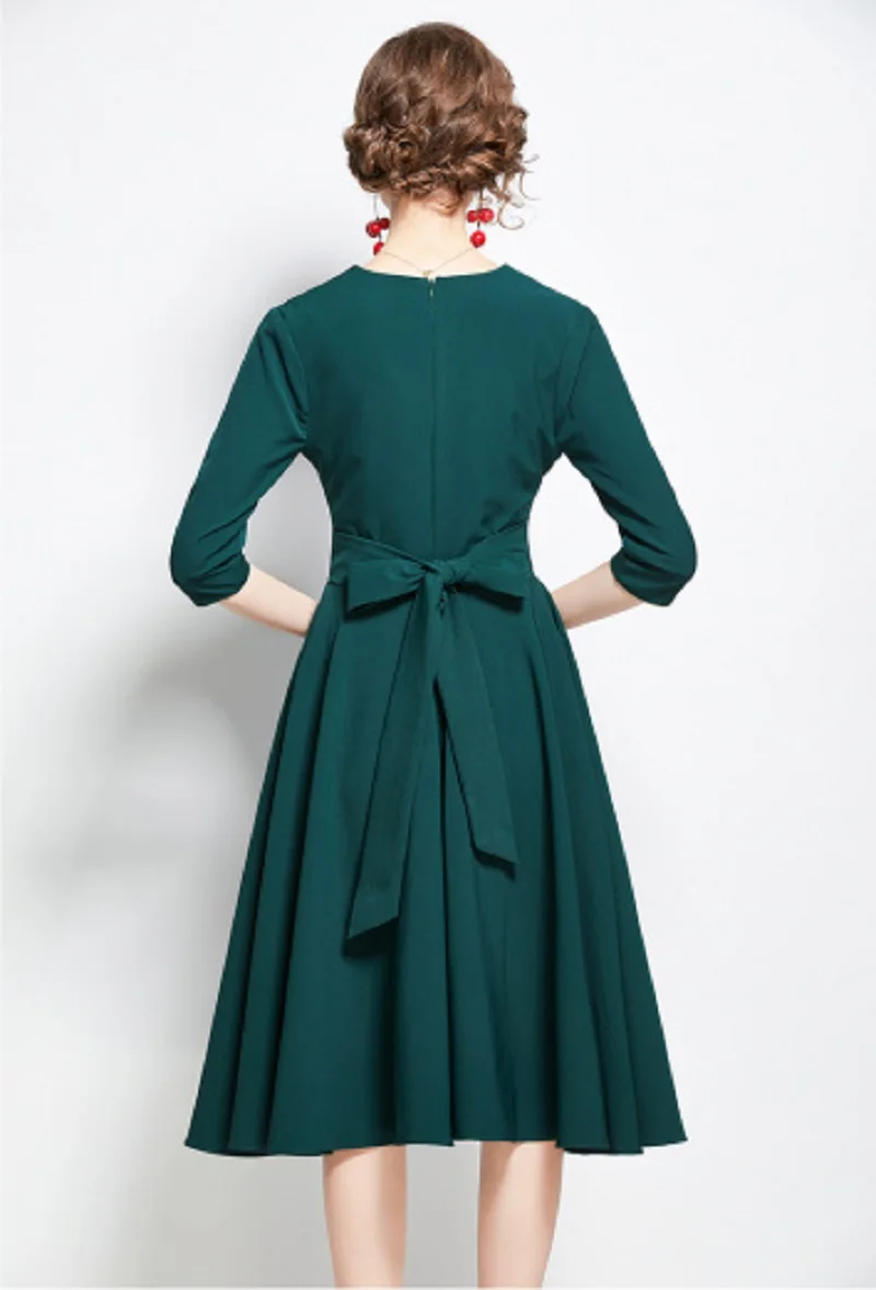 

New Autumn Women Fashion Solid Beading Mid-Calf V Neck Vintage A-Line Dress Office Lady Party Night Elegant Dresses Vestidos