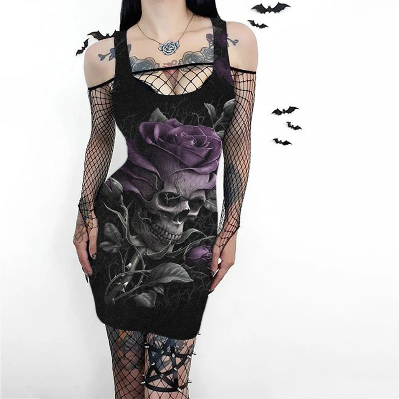 

3D Halloween Party Dress Skull Flower Print Y2k Dresses Women Sleeveless Punk Gothic Harajuku Dress Sexy Street Ladies Clothing