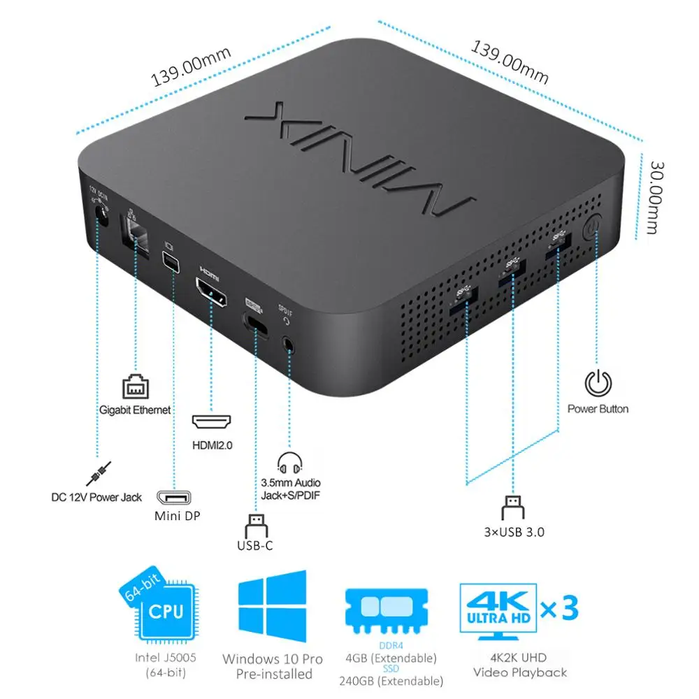 Мини-ПК MINIX NEO J50C-4/J50C MAX официальная серия Windows 10 PRO Intel Pentium J5005 DDR4 4-64 ГБ 4 ГБ/240 8