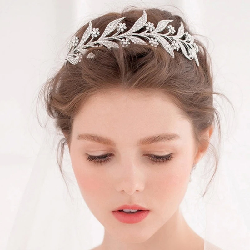 

Женский обруч для волос, свадебная тиара с кристаллами и листьями, Корона невесты, аксессуары для волос