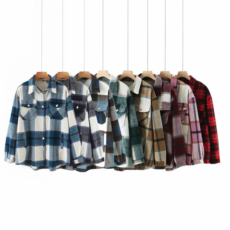 

2021 Spring Autumn New Women's Fashion Leisure Plaid Coat Single Breasted Bomber Jacket Streetwear Long Sleeve Lapel Jackets Top