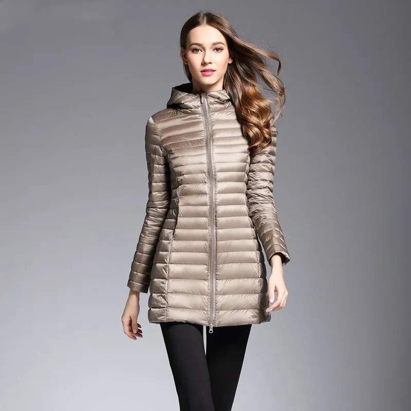 

New Women White Duck Down Jacket Fashion Autumn Winter Ultra Light Medium Long Down Puffer Coat Ladies Casual Hooded Parkas