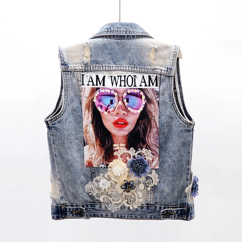 

Летний новый модный короткий джинсовый жилет для женщин, куртка без рукавов, пальто, расшитая бисером, с блестками, джинсовый жилет, потерты...