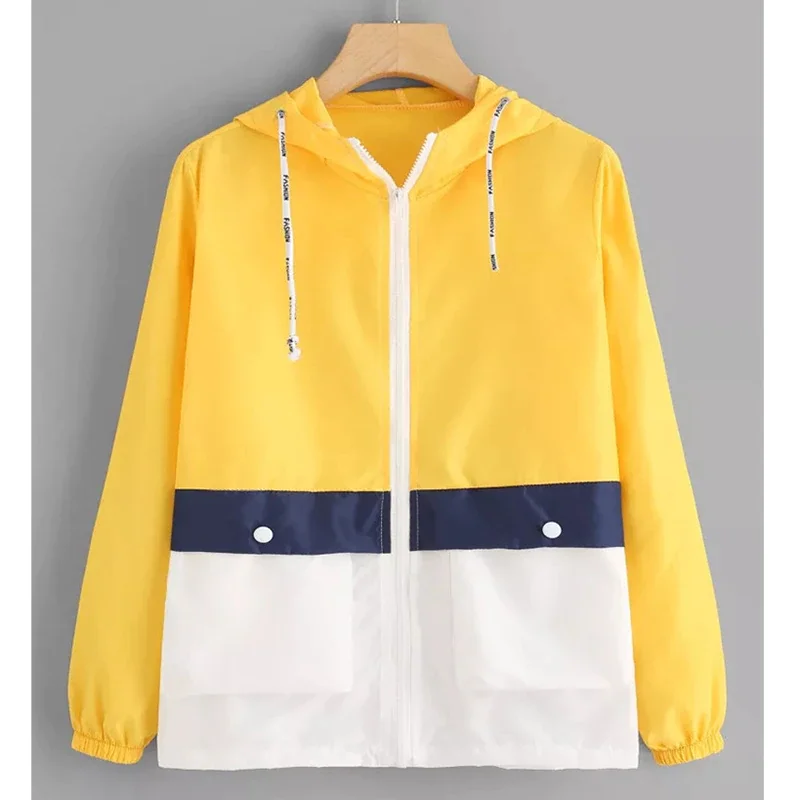

Hooded Jacket Windbreaker Patchwork Jackets Women Color Block Zipper Jacket Fall Autumn Casual Coats Fashion Outerwear Raincoat