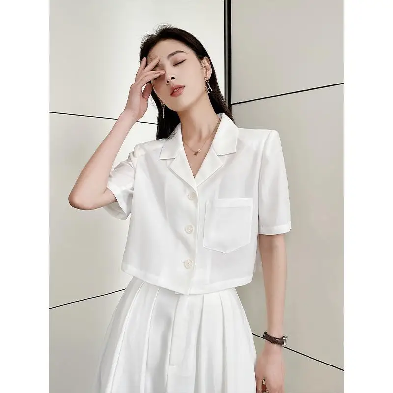 

Luck A 2021 Women Blazer A Line Skirt 2 Pieces Set OL Skirt Suit Double Breasted Short Blazer Jacket Yellow Blue White Suit