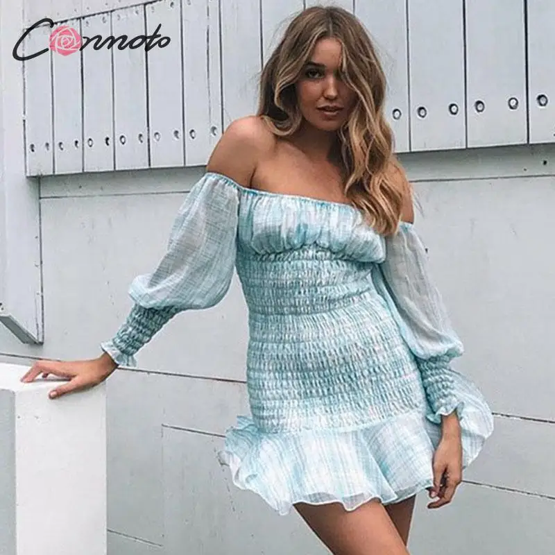 Conmoto женское винтажное платье с открытыми плечами клетчатое Короткое 2019 осенне