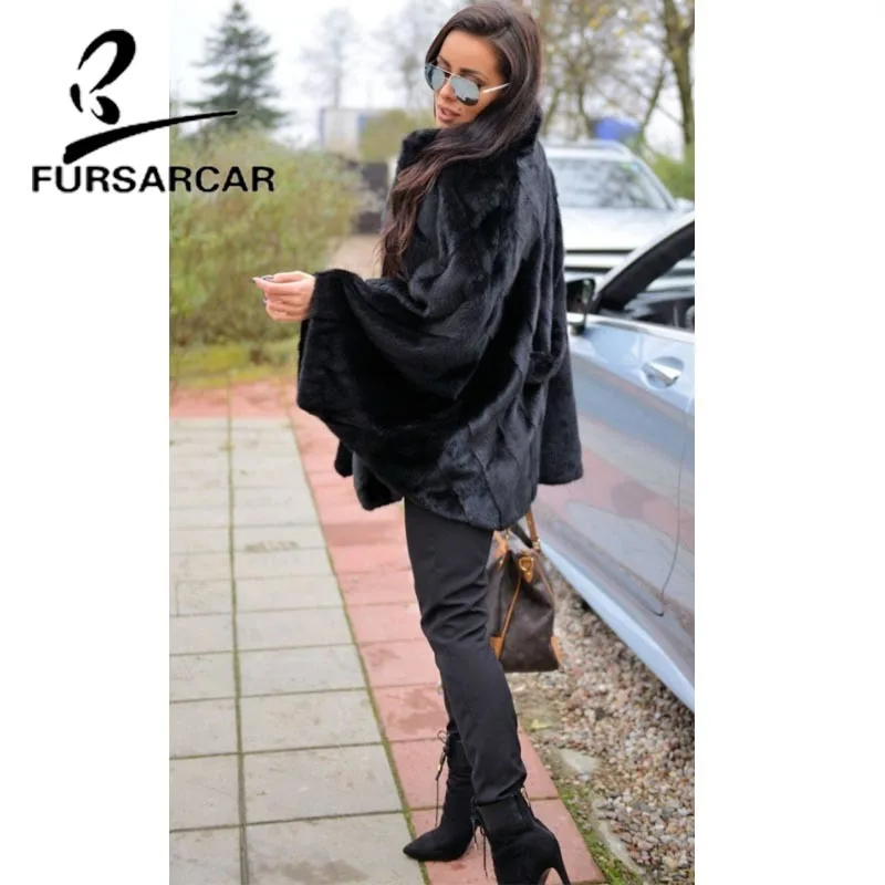 FURSARCAR природный натуральный мех пальто Женская цельная модная норка шуба Черная Стильная роскошная женская Норковая Шуба с рукавами «летучая мышь»