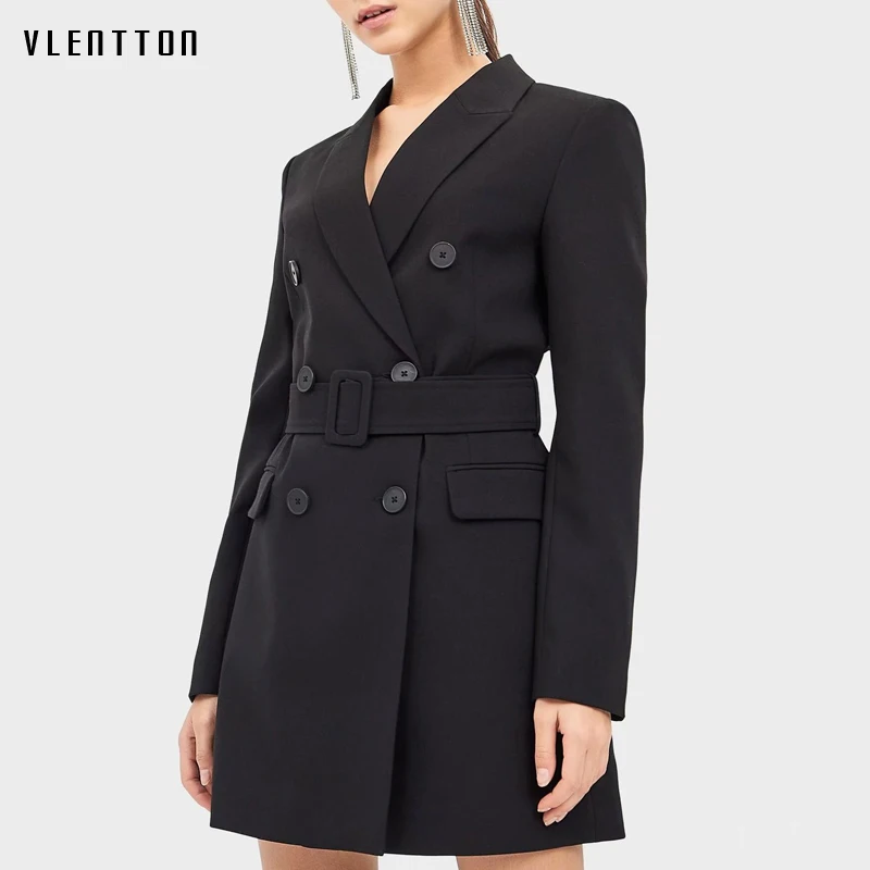 Женский Длинный блейзер с поясом однотонный черный пиджак для офиса весна осень
