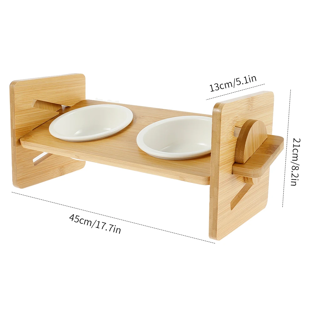 

Pet Cat Double Ceramic Bowls Adjustable Wooden Rack Elevated Dog Cat Neck Care Raise Stand Feeder Food Water Bowl