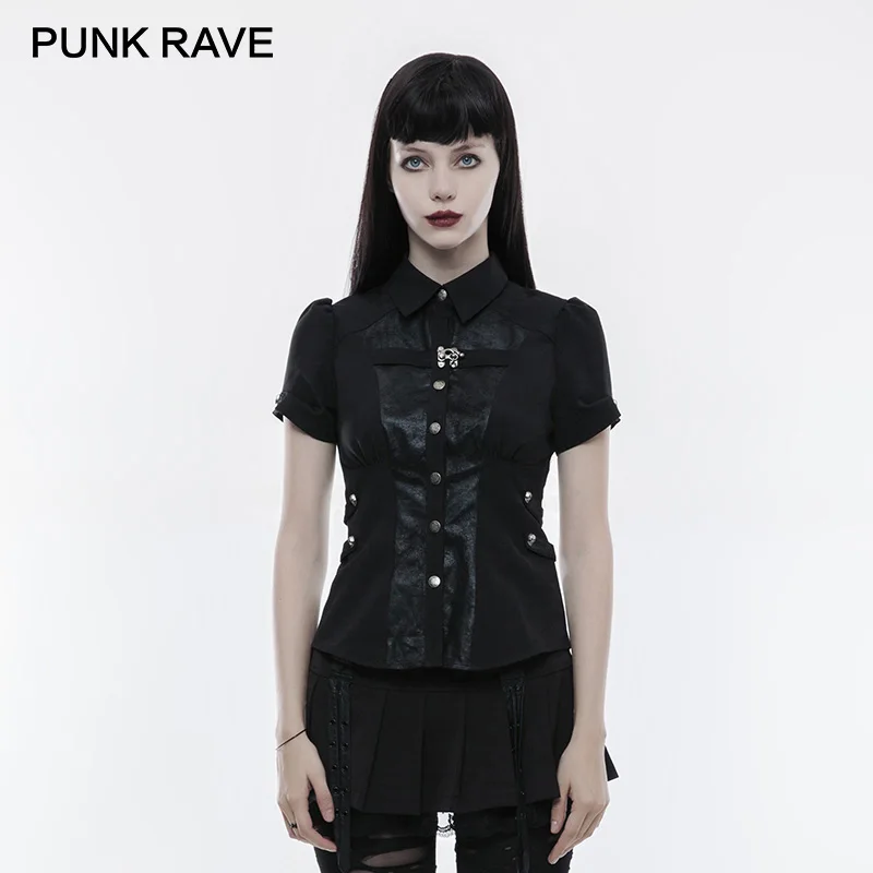 

PUNK RAVE Steampunk Summer Handsome Personality Short Sleeve Women Shirt Vintage Elastic Waist Adjustable Cuff Black Blouses