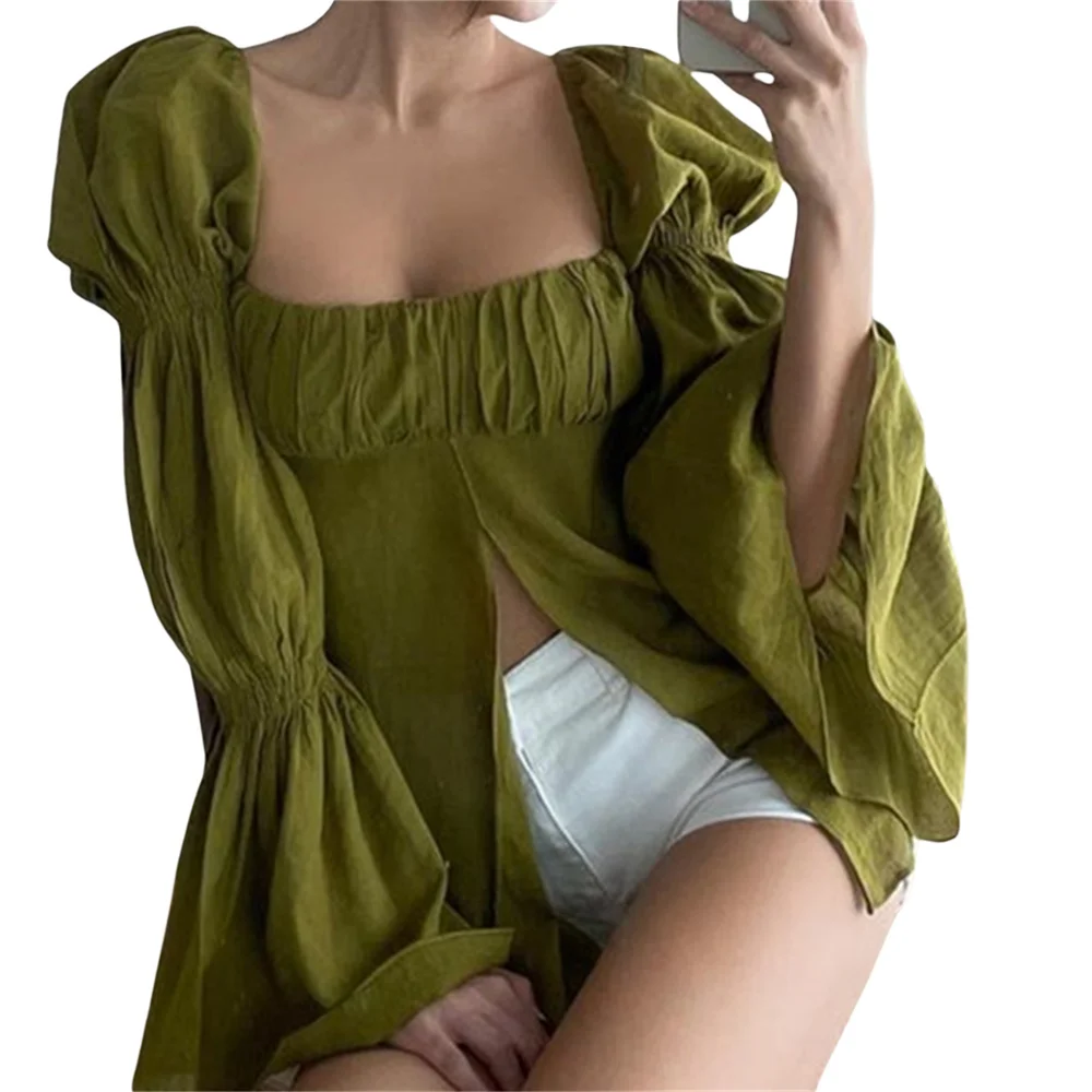 Новинка 2022 женская блузка с квадратным вырезом и расклешенными рукавами Женская