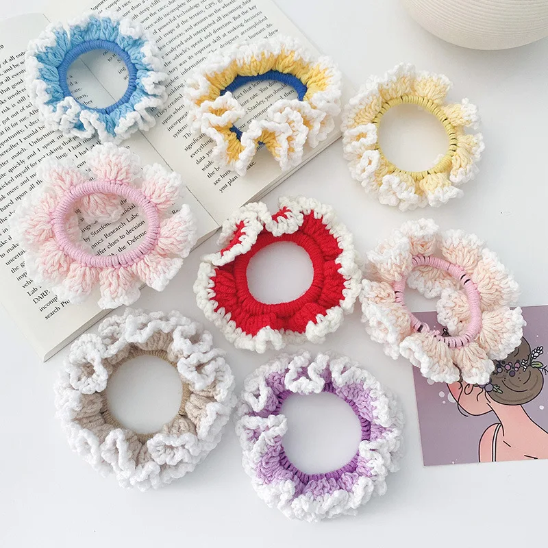 

Winter Rubber Band Scrunchie Girl Hair Accessories Cute Hair Rope Sweet Lace red yellow Knitting Elastic Hair Bands Hair Rings