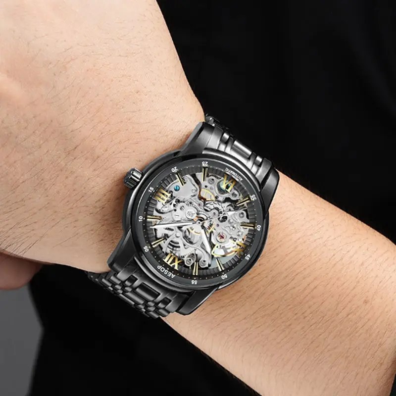 

Aesop Tourbillon Mens Watch Top Brand Luxury Belt Watch Men Automatic Mechanical Wristwatch Skeleton Sport Clocks Reloj Hombre