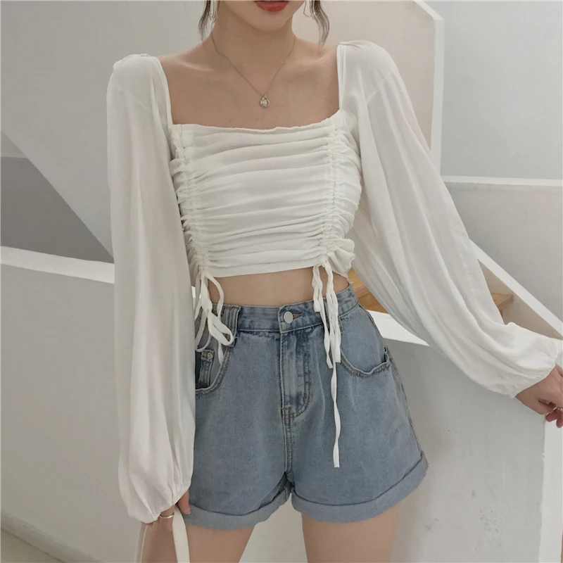 square collar long sleeve crop tops Drawstring fashion brand sweet Blouses Shirts Women's Clothing spring fall new high quality | Женская