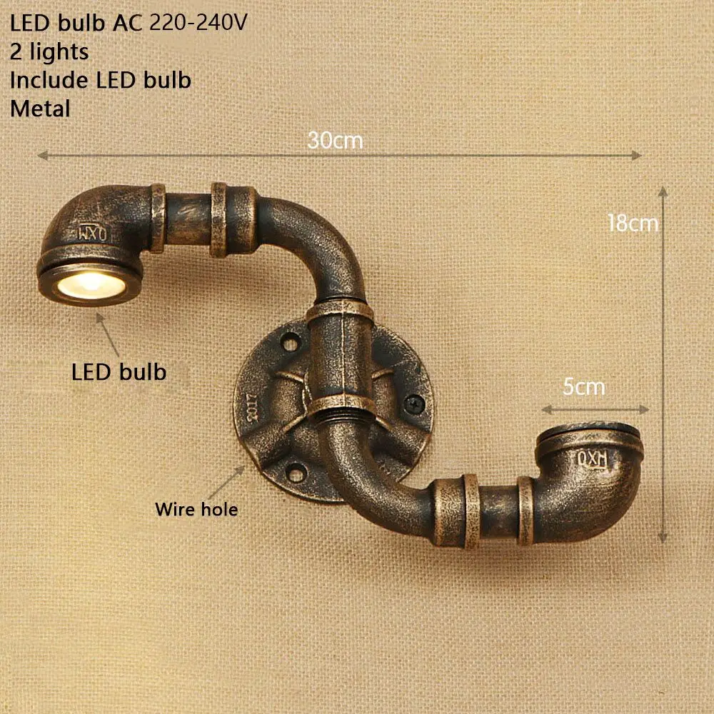 Светильник настенный винтажный с двумя лампами LED, выполненный в стиле лофт-индастриал из железа с ржавой отделкой "водопроводная труба" для спальни, ресторана, бара, ванной комнаты.