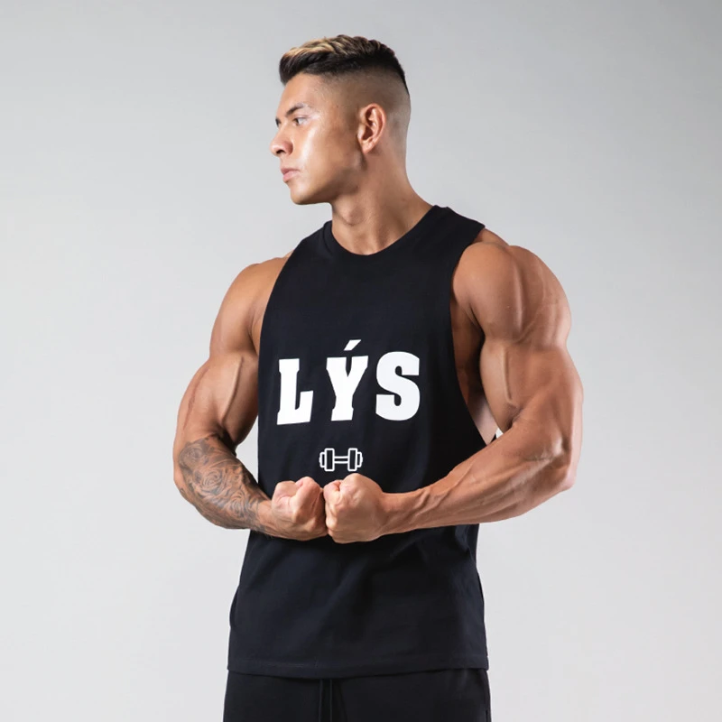 

2021 Japan LYS Summer Male Workout Sleeveless Vest Mens Sportswear Fitness Print Comfortable Cotton Undershirt Gym Tank Tops