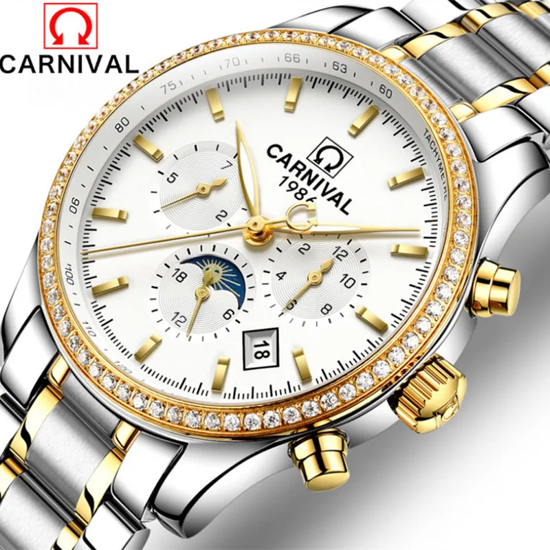 

Workable Moon Phase Men Crystals Watches Automatic Self-winding Calendar Wrist watch Brand Carnival Business Watch Water Proof