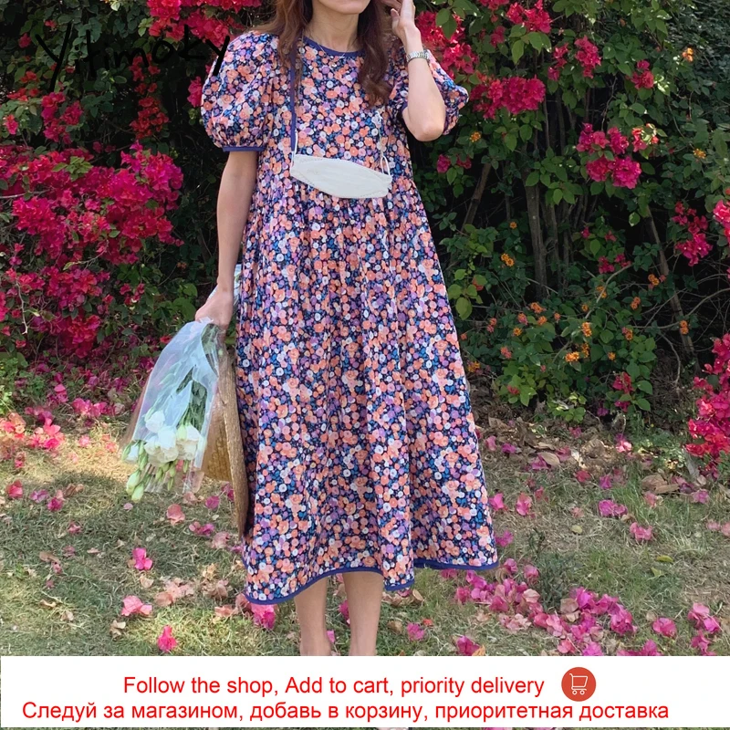 

Yitimoky Vintage Women Dresses Puff Sleeve O-Neck 2021 Summer Fashion New Cotton Floral Print Backless Bandge Simple Dress