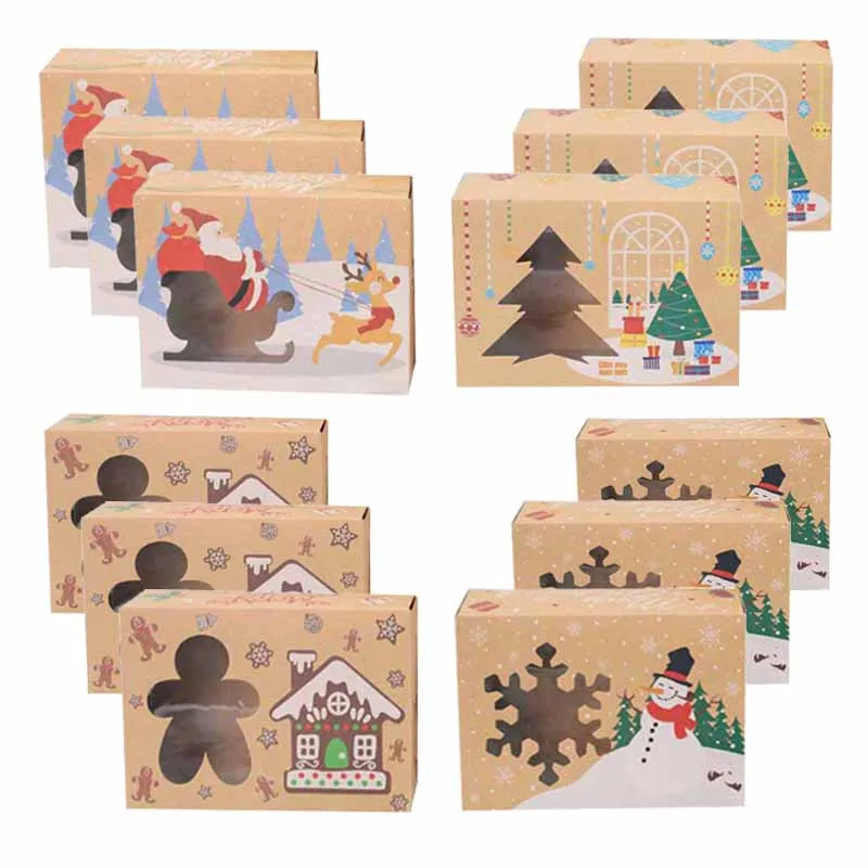 

4/8/12pcs Kraft Paper Candy Box PVC Clear Window Party New Year Christmas Decoration Favor Gift Cookies Bakery Box Packaging Bag