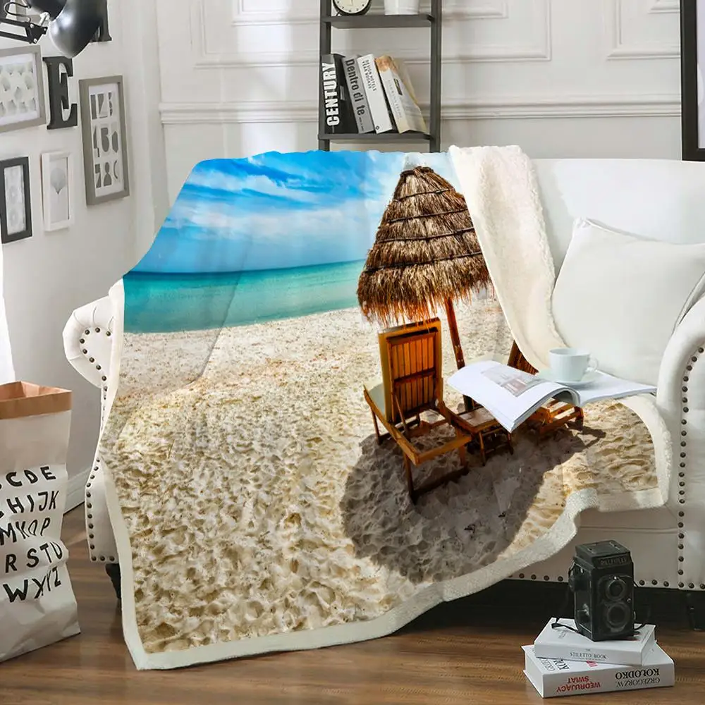 Пляжное одеяло праздничное тематическое шерпа Флисовое морской узор плюшевое