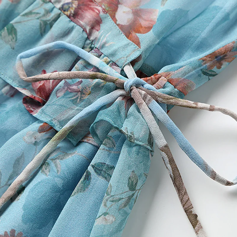 

Only Plus 2021 Boho Printed Sweet Ladies dress Blue O-Neck Ruffle Short Sleeve Sashe Casual Summer Vacation Beach Dresses