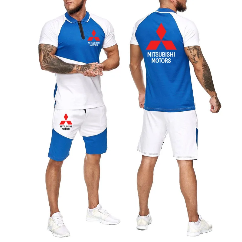 

2021 New Mens short sleeve shorts suit Mitsubishi car logo Print Summer casual Streetwear style Mens shirt cotton Hot sale
