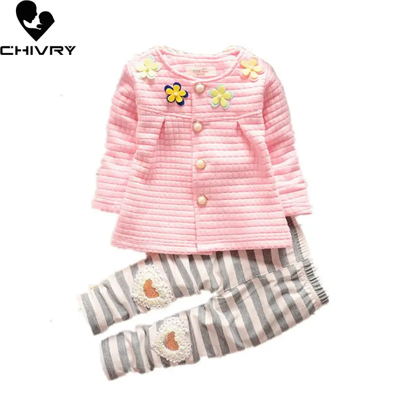 

Новинка Осень 2020, комплекты одежды для маленьких девочек, пальто с длинным рукавом и цветочным принтом, толстовки, топы и брюки в полоску, ко...