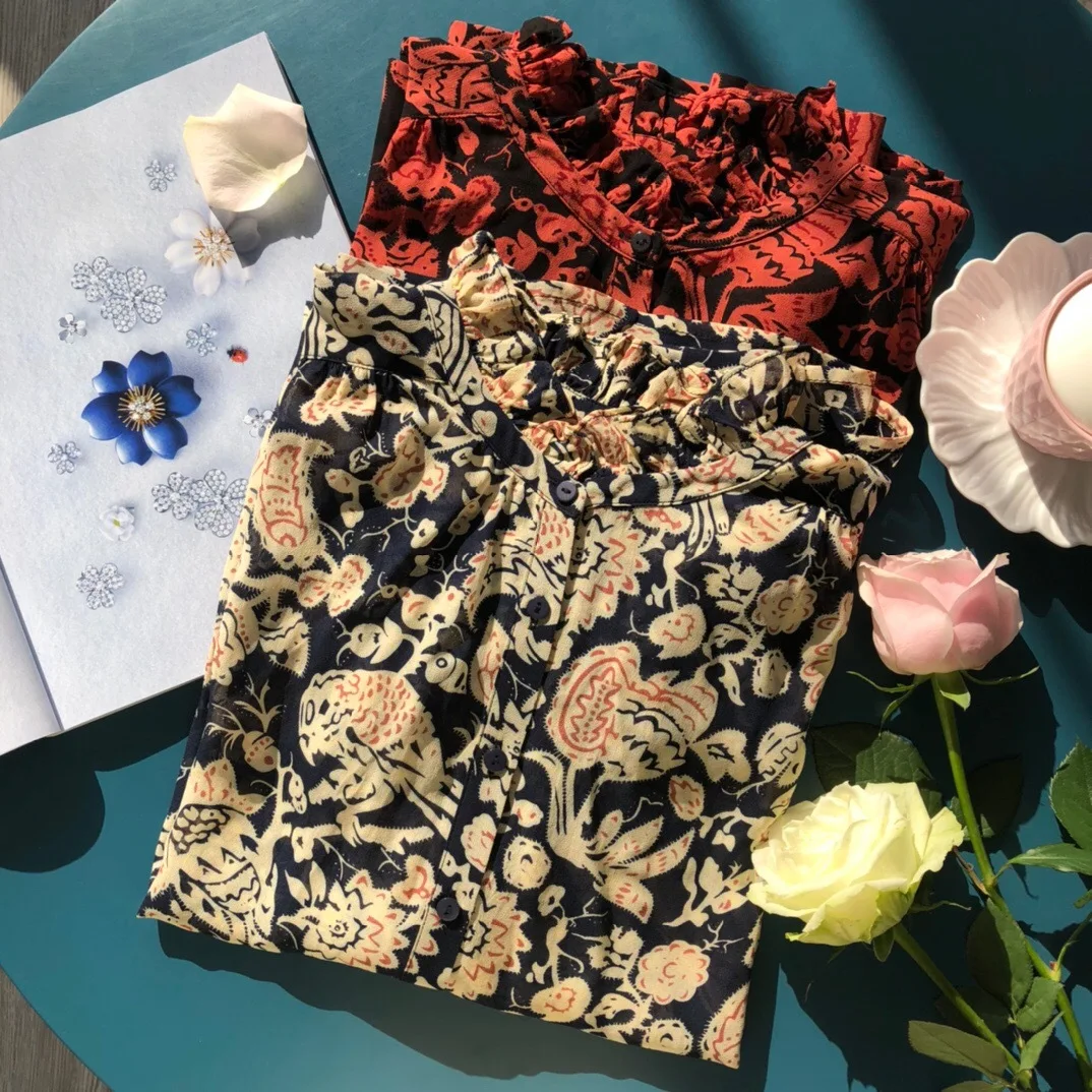 

Brand Fashion Women High Luxury Spring Autumn Vintage Elegant Classic Print Art Pattern Frill Shirt Blouse