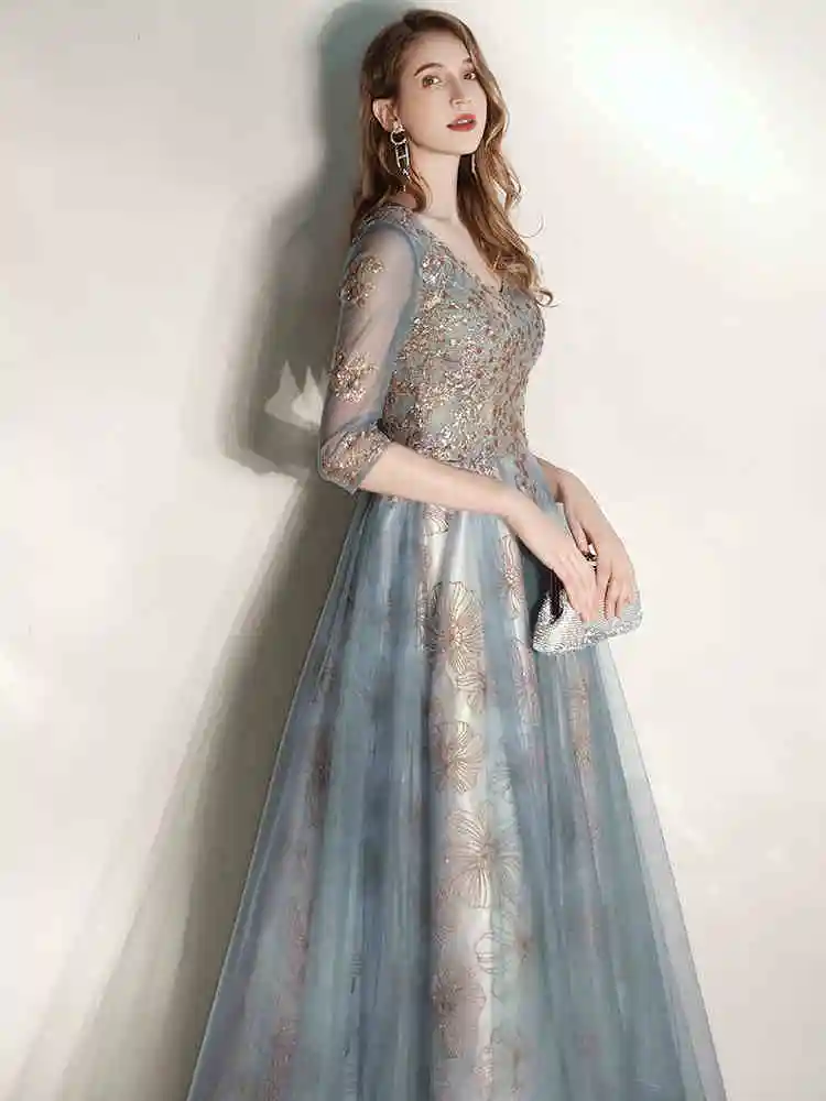 

Prom Dresses Long 2020 Half Sleeves Tulle Appliques Robe De Soiree V-Neck Vestido Formatura Vestidos De Gala Prom Party Dresses