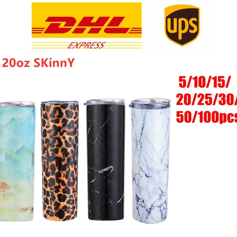 

DHL 10/25/50pcs 20oz Marble Stainless Steel Skinny Tumbler with Lid and Straw Double Wall Vacuum Insulated straight tumbler