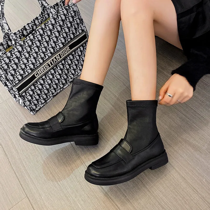 

2021 Autumn Winter Stretch Boots for Women Black Platforms Ankle Boots Lady Female PU Leather Shoes Large Size 46 Woman Footwear