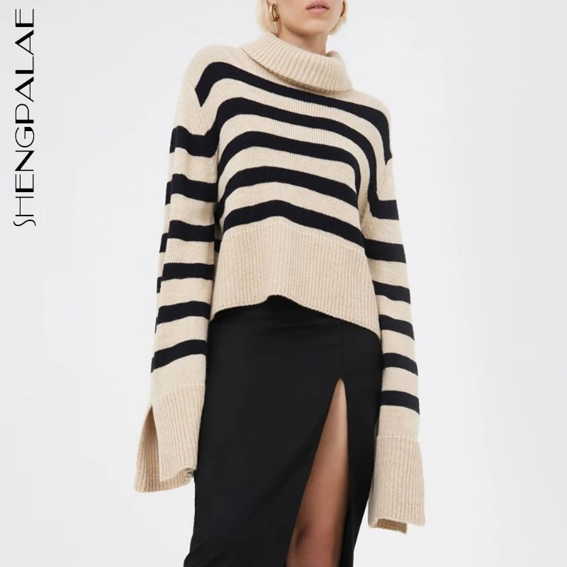 

SHENGPALAE модный шикарный полосатый вязаный пуловер для женщин осень 2021 Новинка Водолазка свободные манжеты разрезы длинный рукав свитер женс...