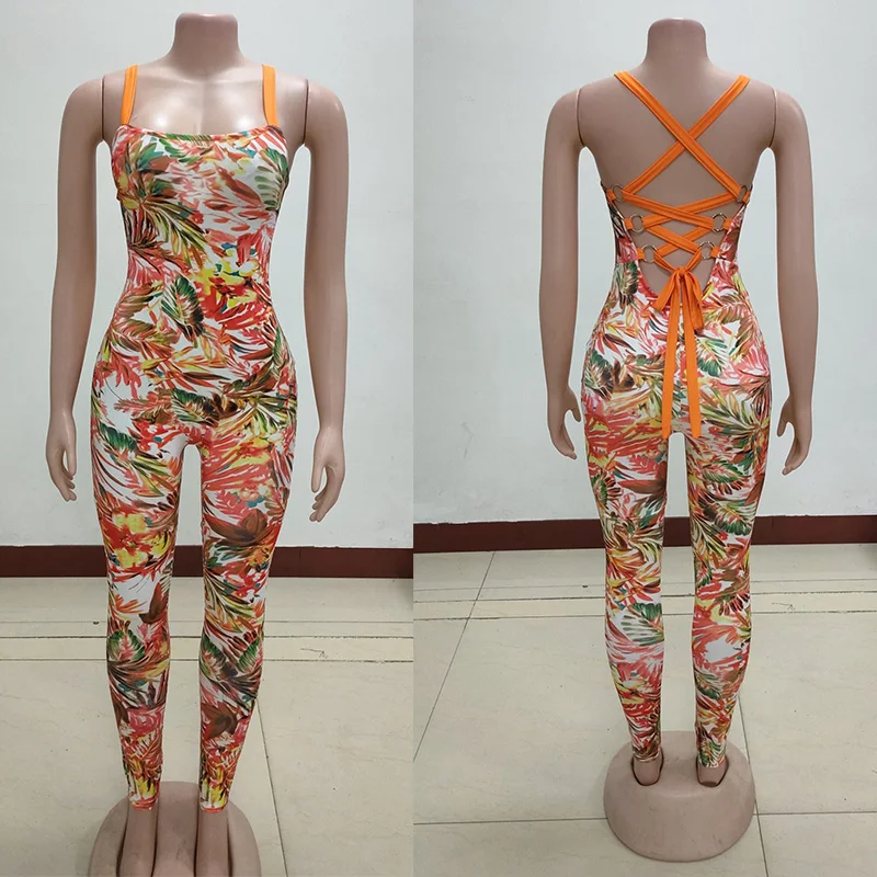 

Print Women Sexy Jumpsuit Summer Rompers Long Party Club Overalls Lace Up Backless Bandage Bodycon Skinny Rompers Women Jumpsuit