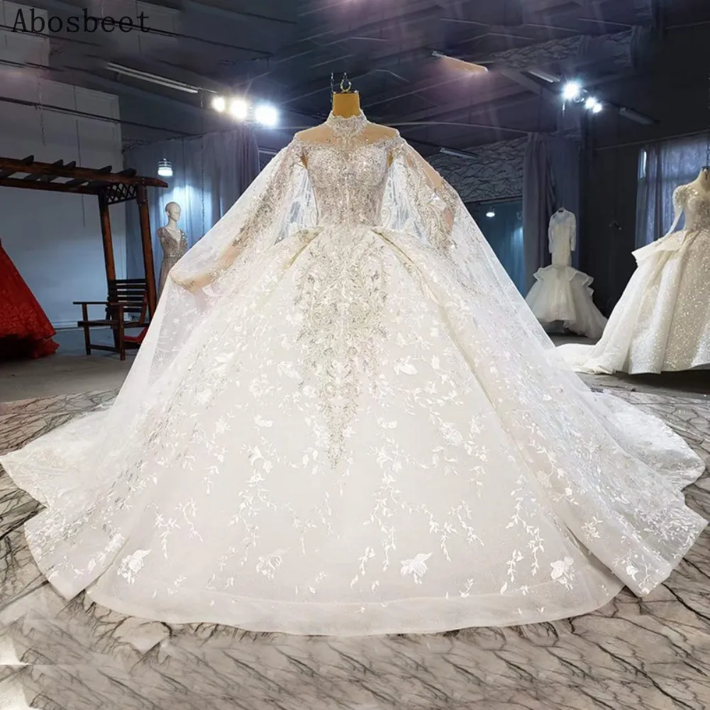 

Ball Gown Wedding Dress Lace with Shawl Plus Size Wedding Gown for Bridal 2021 with Long Tail High Collar