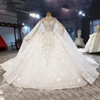 ball gown wedding dress lace with shawl plus size wedding gown for bridal 2021 with long tail high collar