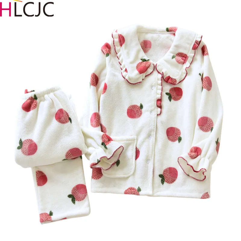 

2021 Autumn Winter Warm Flannel Women Pajamas Pyjamas Femme Thick Coral Velvet Long Sleeve Cartoon Sleepwear Flannel Pajamas Set