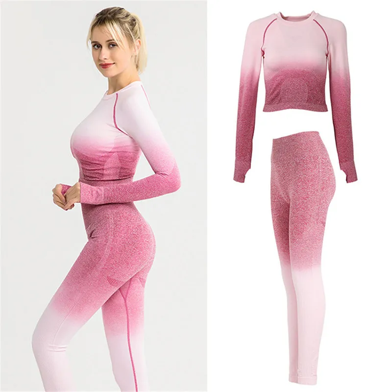 

Ombre Women Yoga Set Seamless Leggings Long Sleeve Crop Top Sports Bra Running Pants Gym Clothing Fitness Workout Sports Suit