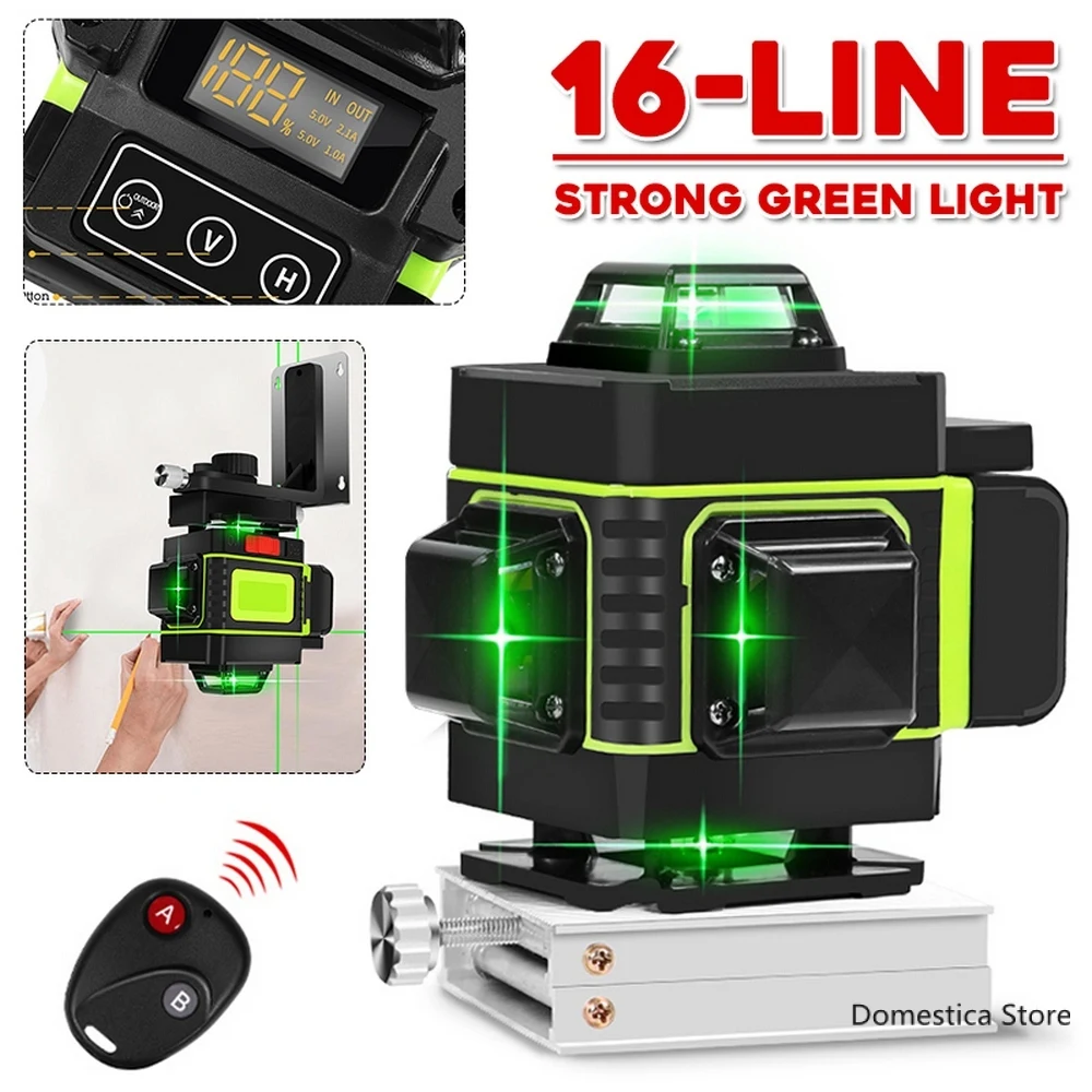 

4D Laser Level 16 Lines Green Light Auto Self Leveling 360° Rotary Measure Cross Battery Remote Control Laser Tool Construction