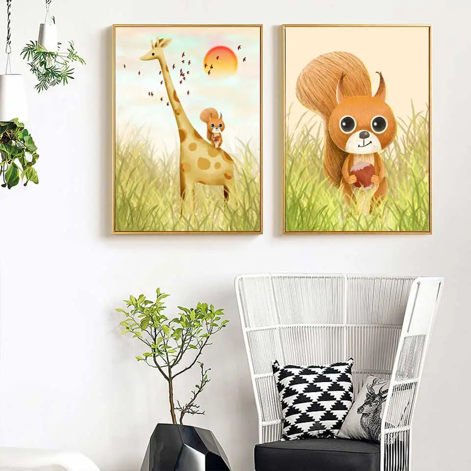 

Мультяшный Жираф белка скандинавские плакаты и принты настенный художественный Рисунок на холсте искусственная живопись украшение детско...