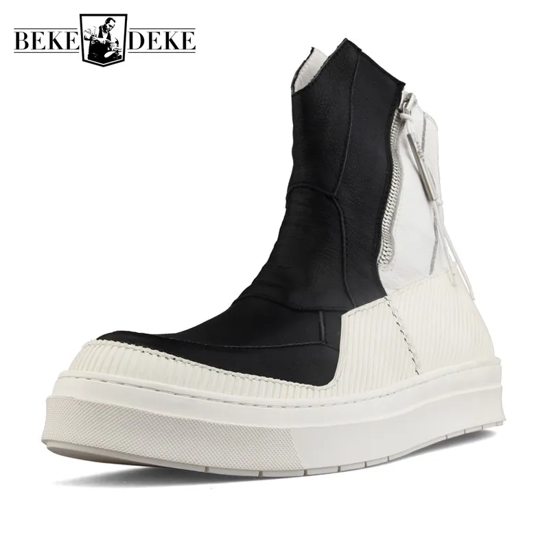 

Мужские высокие кроссовки в стиле Харадзюку, повседневные ботильоны из натуральной кожи в стиле пэчворк, черные уличные ботинки на молнии в стиле панк, Осень-зима