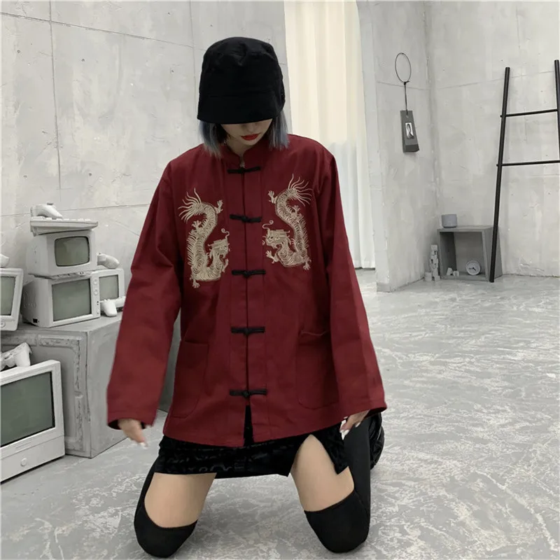 Lychee винтажное Женское пальто Yokosuka Dragon с вышивкой Осеннее карманами и пряжкой