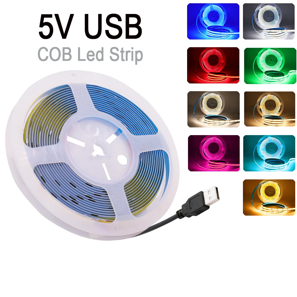 5V LED COB Strip Light USB Battery Powered 320LED/m High Density Linear Linghting Flexible Tape Strips White Blue Green Red DC5V | Лампы и