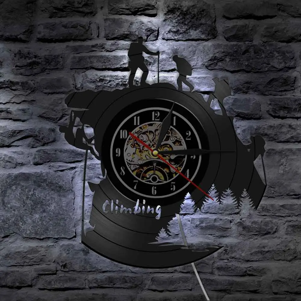Hiking Mountain Climbing LED Lighting Lamp Vinyl Record Wall Clock Adventure Extreme Sport Modern Design For Climbing Lover Gift