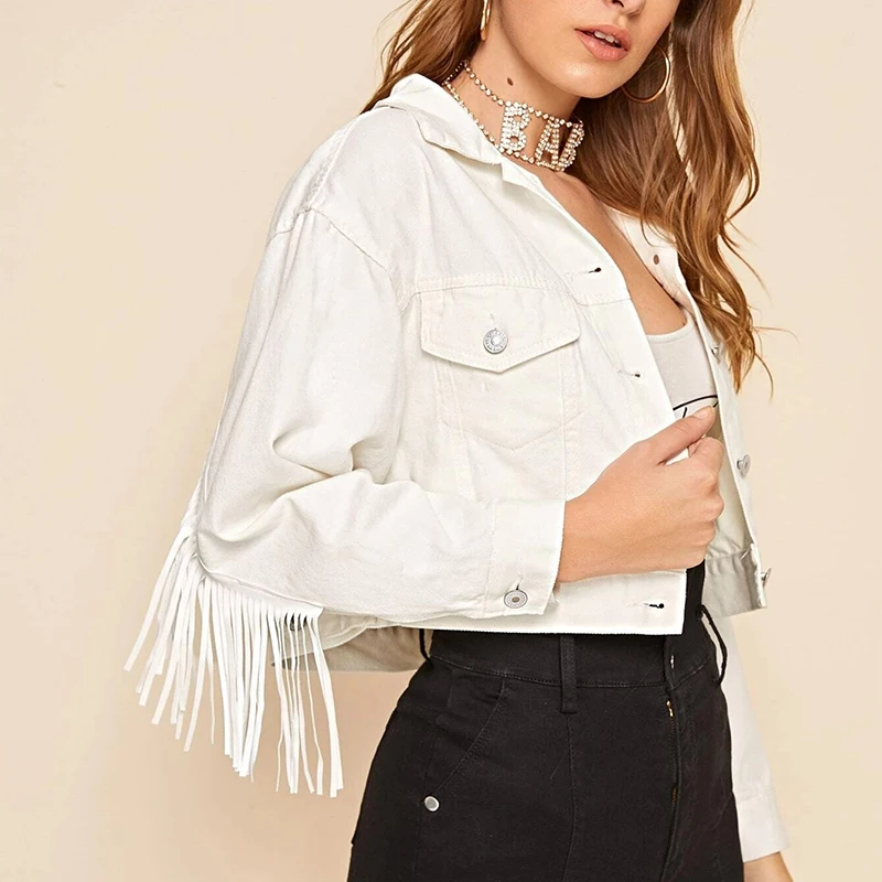 

Женская джинсовая куртка с длинным рукавом, белая свободная повседневная куртка из денима с бахромой и бусинами, осень 2021