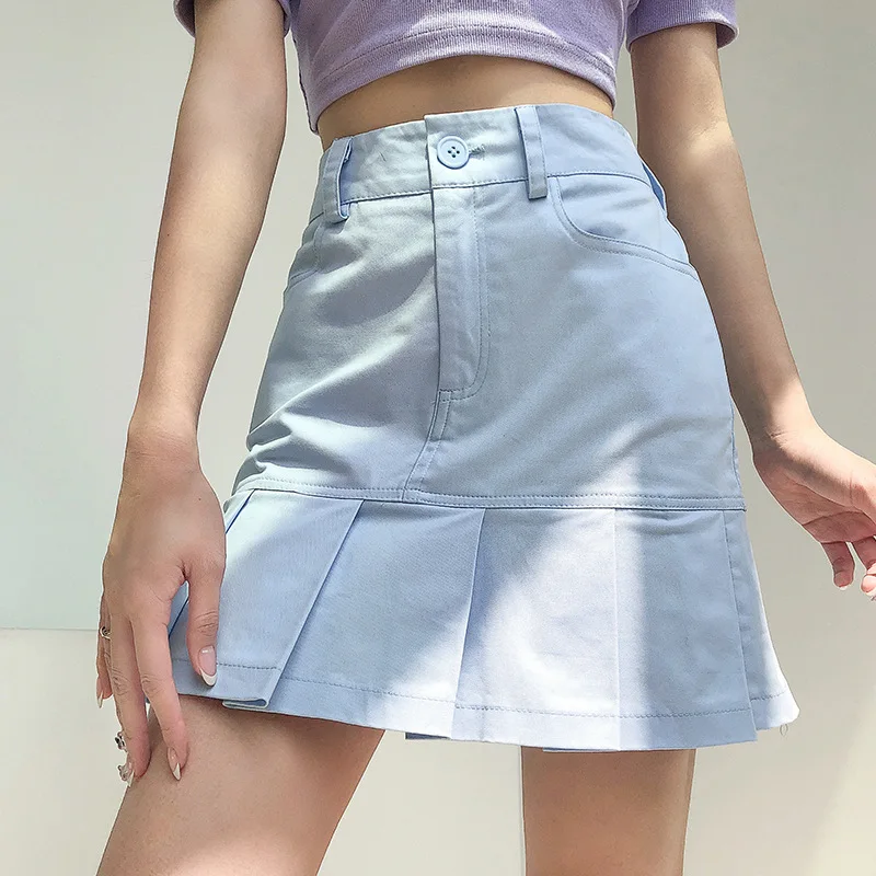 

Sexy Women Pleated Skirt Summer High Waist Chic A Line Ladies Blue Mini Skirt Korean Preppy Style Girls Dance Skirt