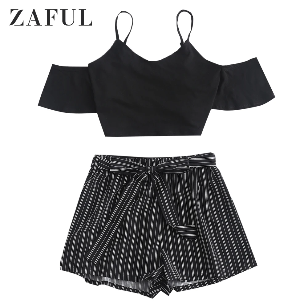 ZAFUL однотонный топ на бретельках и шорты в полоску с ремнем комплект из двух