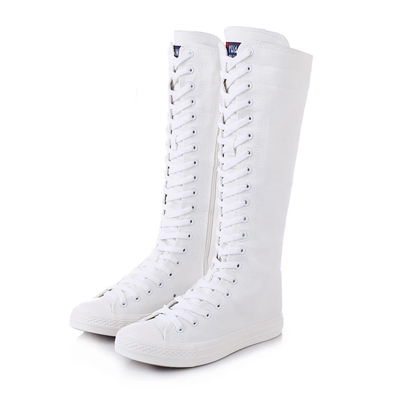 Женские высокие ботинки парусиновые повседневные на плоской подошве шнуровке