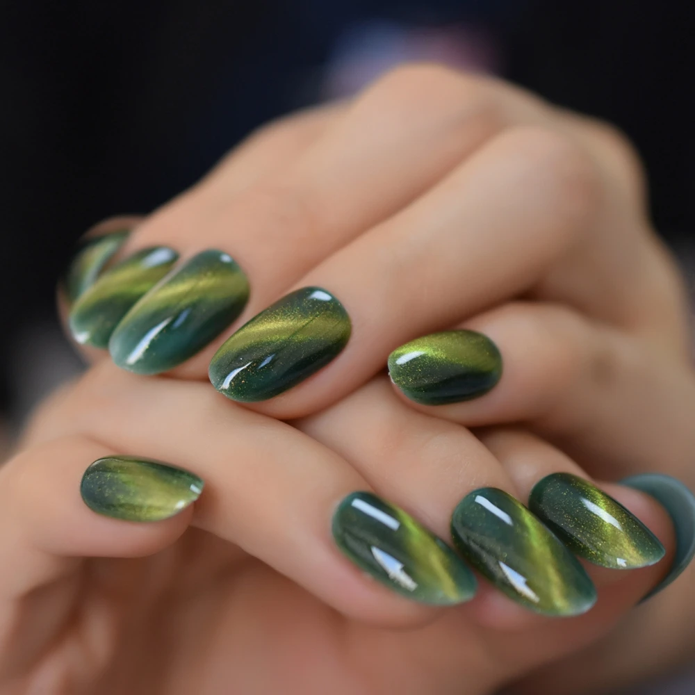 Накладные ногти Magic 3D с кошачьими глазами зеленые накладные для полного покрытия