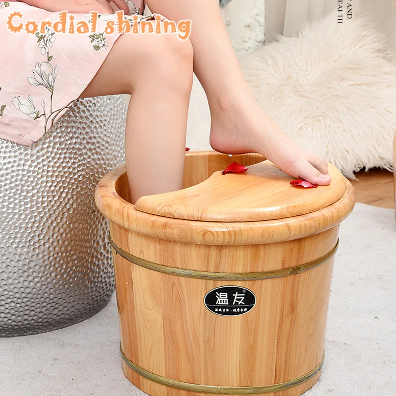 

Cordial Shining Wooden Foot Bath Tub With Lid 30CM High Massage Keep Warm Pedicure Natural Health Strong Home Bucket