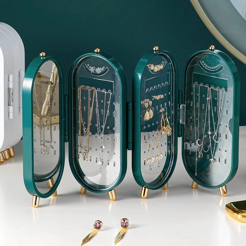 

Jewelry Storage Box Earring Display Stand Bracelet Necklace Organizer Desktop Collapsible Dust-proof Jewelry Box With Mirror
